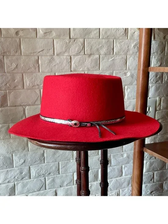 VIntage Red 100% Wool Felt Western Hat Silver Concho Hatband - Picture 3 of 11